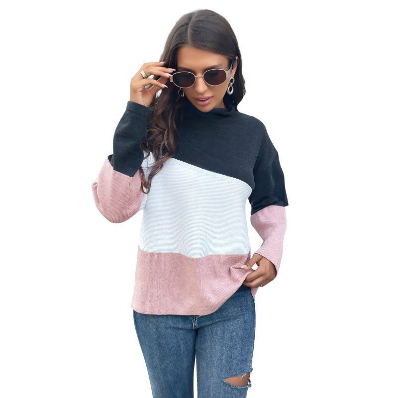 Color-Block Knit Pullover with Mock Neck and Long Sleeves