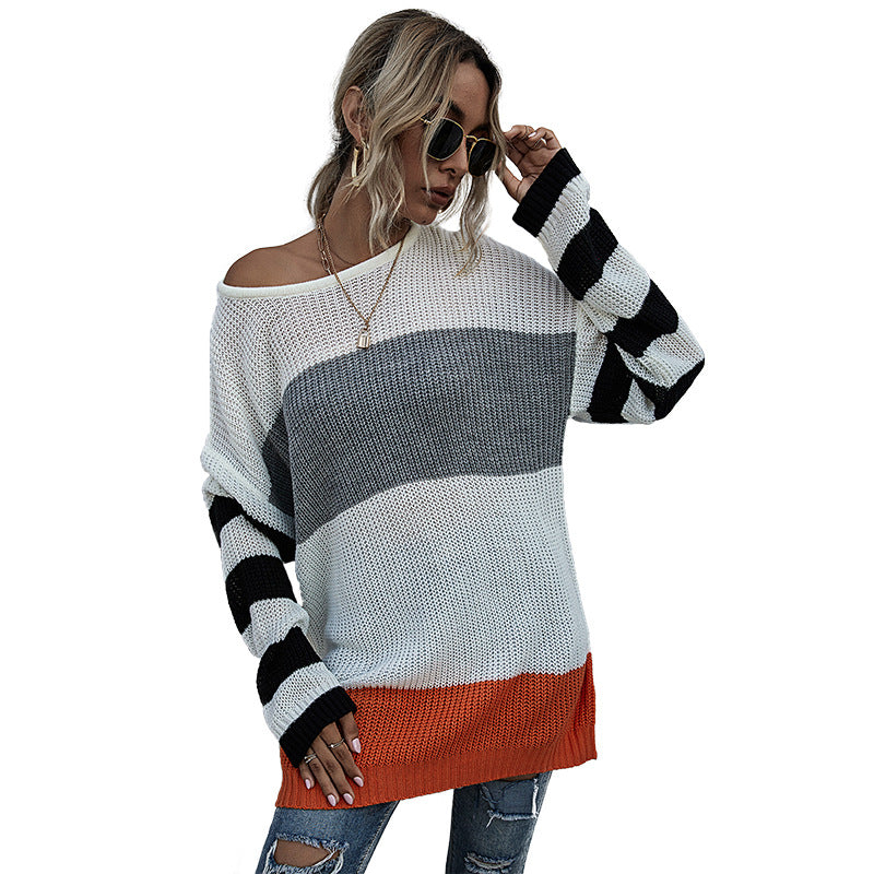 Oversized Color-Block Knit Pullover with Striped Sleeves