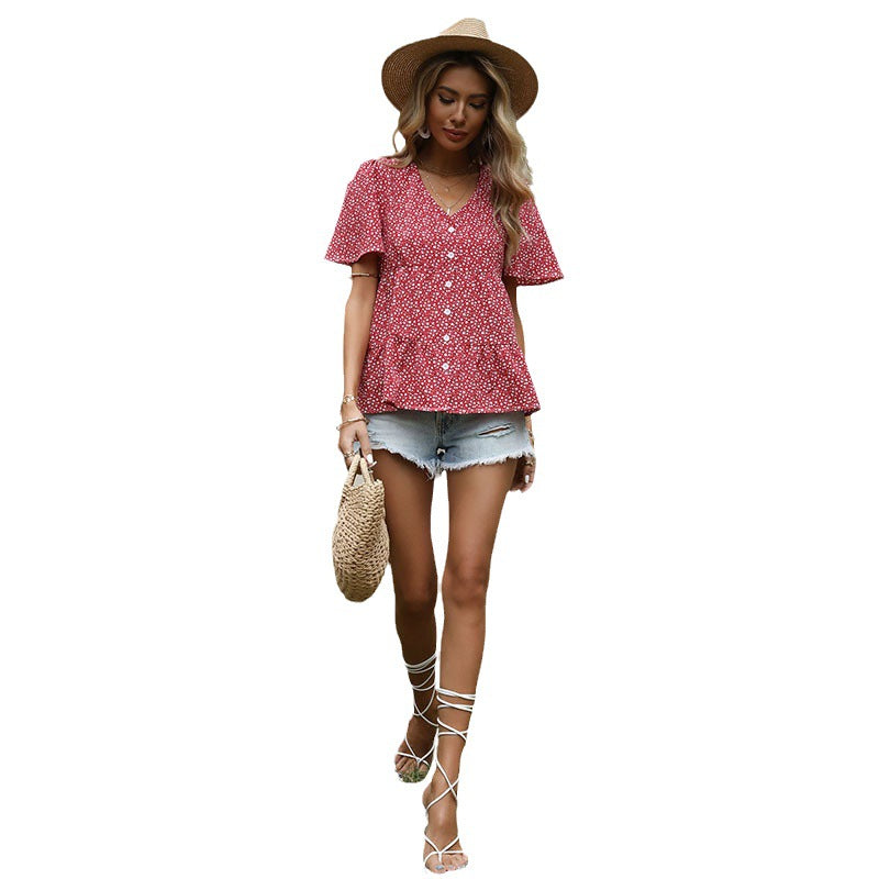 Floral Print V-Neck Peplum Blouse with Button Front