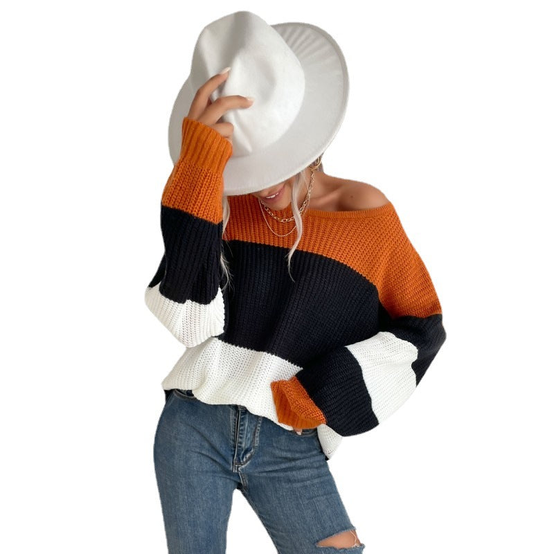 Oversized Color-Block Knit Pullover with Crewneck