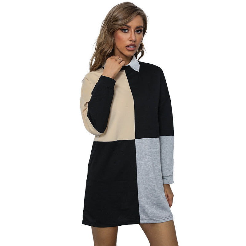 Color-Blocked A-Line Sweatshirt Dress with Contrast Collar