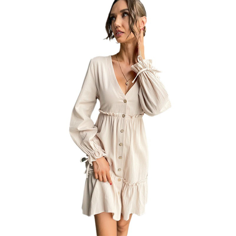 A-Line Button-Front Mini Dress with Ruffled Hem and Tie-Cuffs