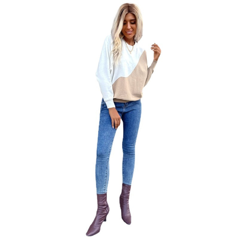 Color-Blocked Knit Pullover with Crewneck and Long Sleeves