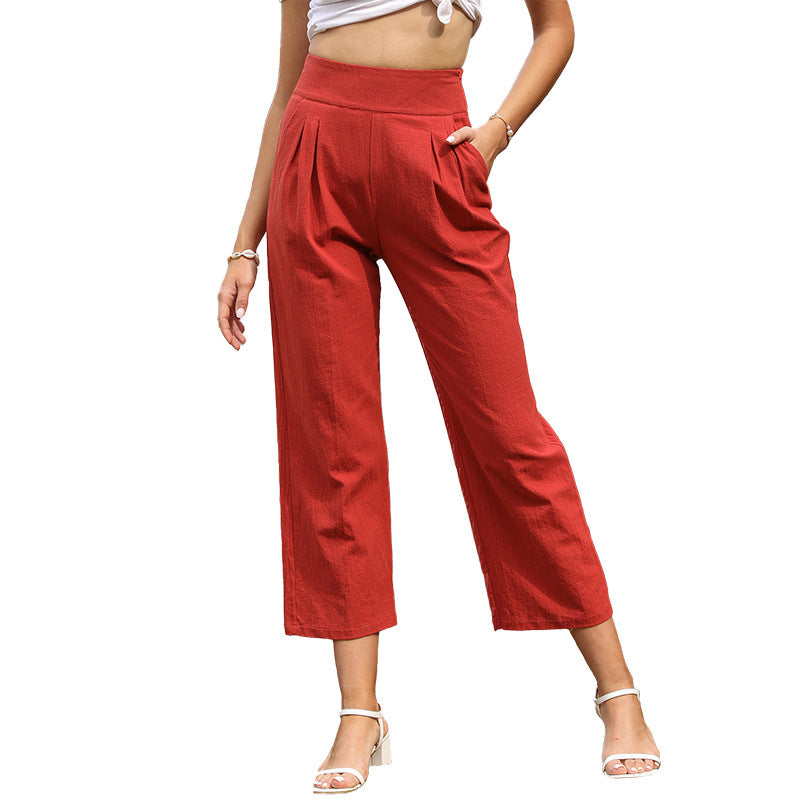 High-Waist Wide-Leg Cropped Pants with Front Pleats