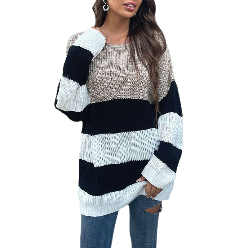 Oversized Striped Mid-Length Sweater with Crewneck