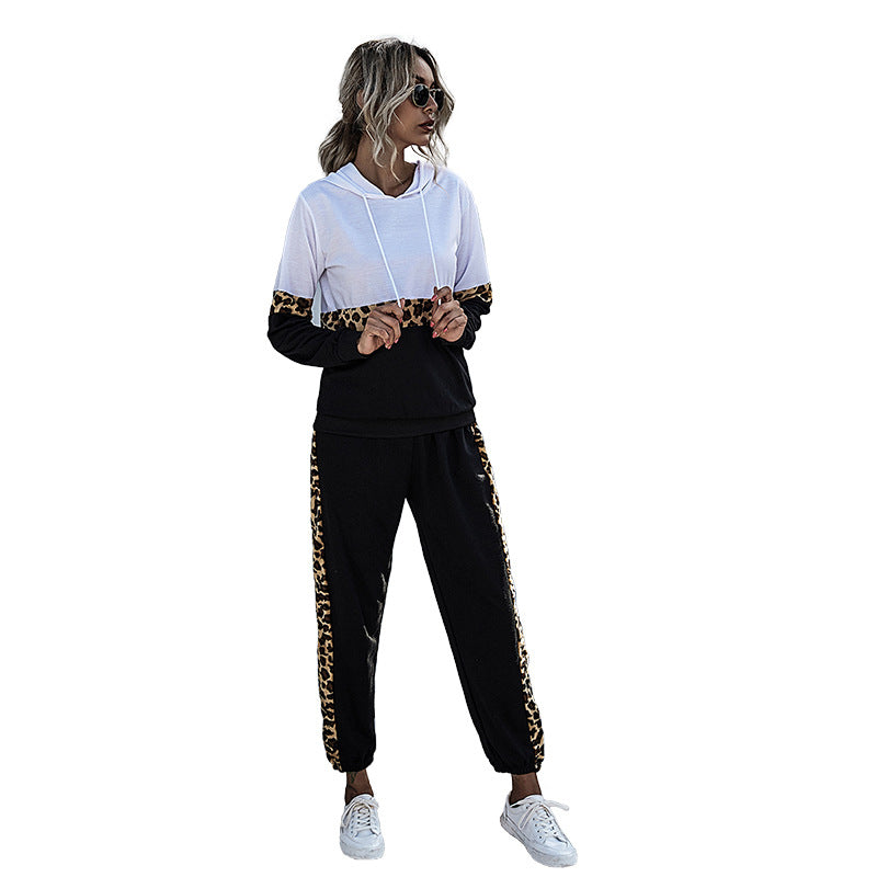 Leopard Print Patchwork Hooded Tracksuit with Jogger Pants