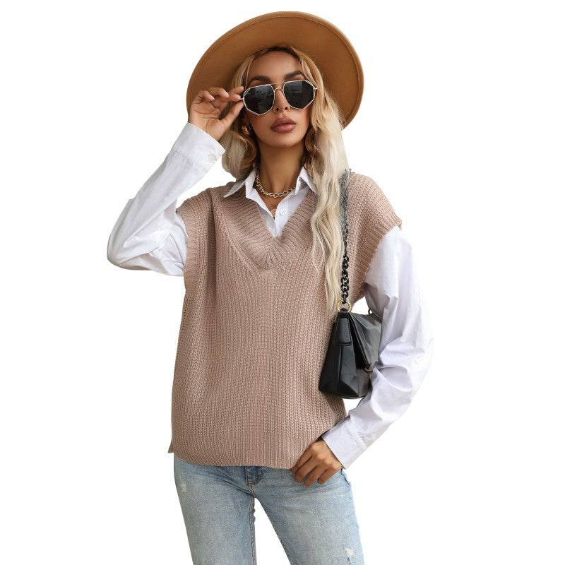 Loose V-Neck Knitted Sweater Vest with Ribbed Trim