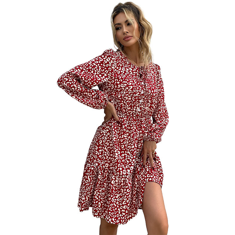 Leopard Print A-Line Mini Dress with Tie Neck and Long Sleeves