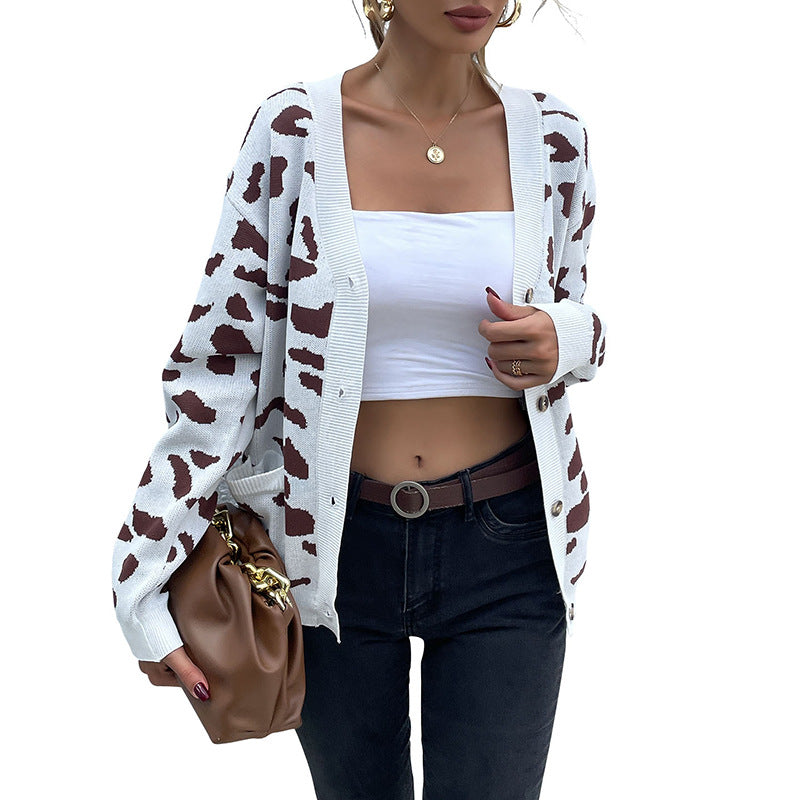 Cow Print Knit Cardigan with V-Neck and Pockets