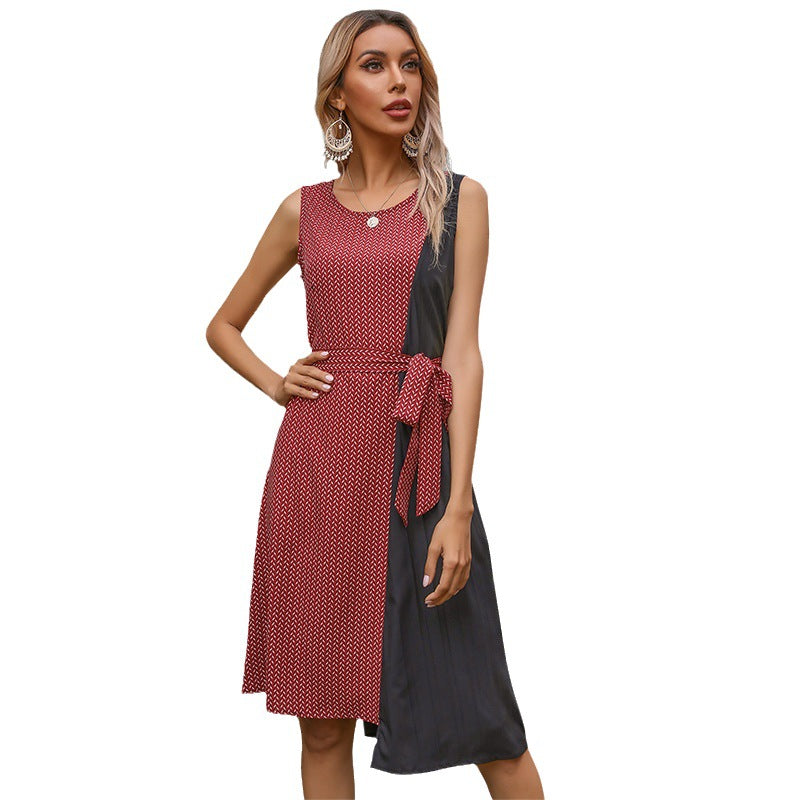 Geometric A-Line Midi Dress with Color-Block Panel and Tie Waist
