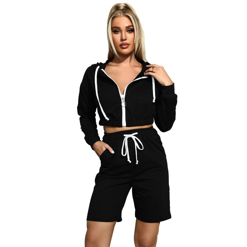 Solid Cropped Zip-Up Hoodie and Drawstring Shorts Set