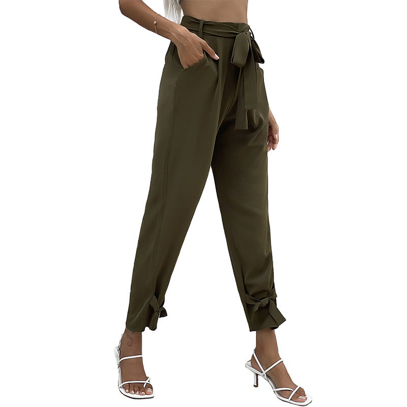 High-Waist Tapered Cropped Pants with Tie-Waist and Bow Cuffs