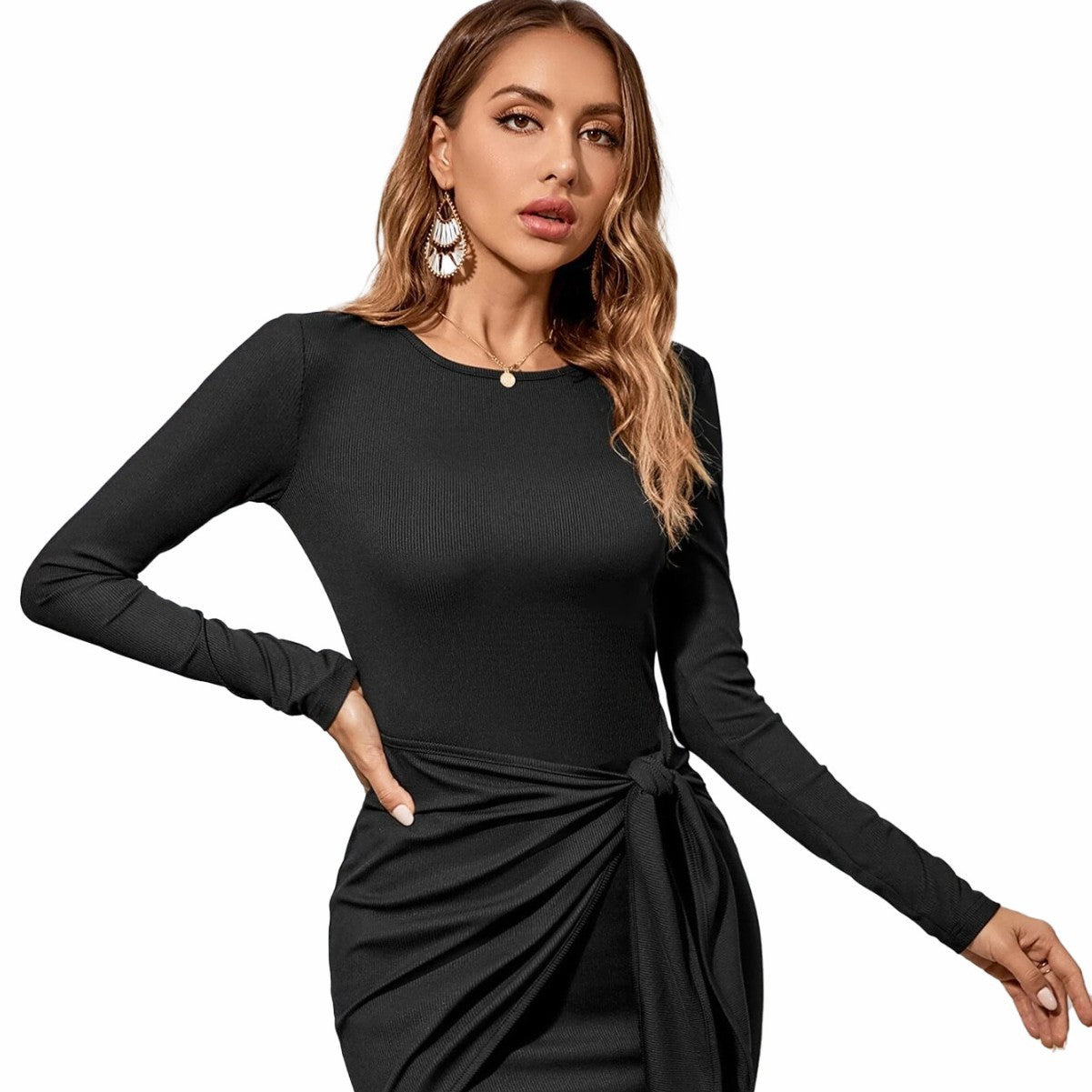 Bodycon Mini Dress with Long Sleeves and Front Tie Detail