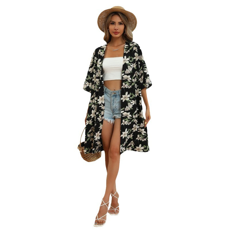 Floral Print Longline Cardigan with V-Neck and Half Sleeves