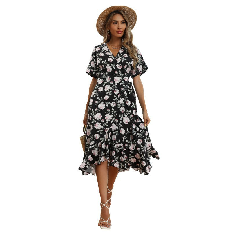 Floral Print Wrap Midi Dress with V-Neck and High-Low Hem