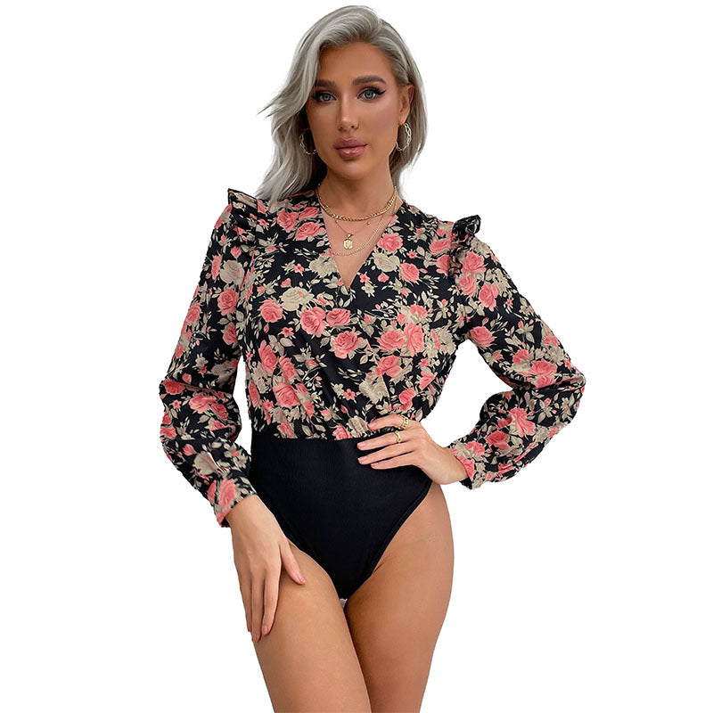 Floral Print Long-Sleeve Bodysuit with Ruffle Shoulders