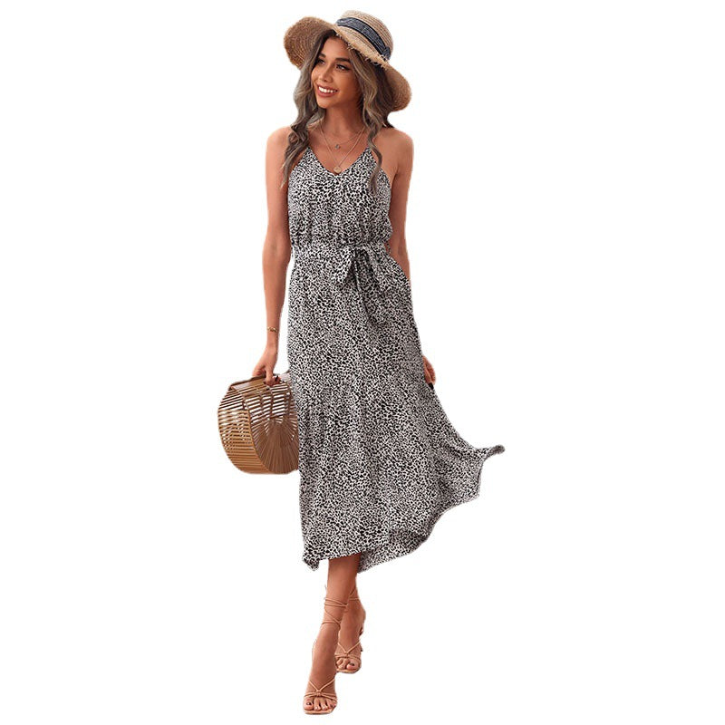 Leopard Print A-Line Midi Dress with Spaghetti Straps and Tie Waist