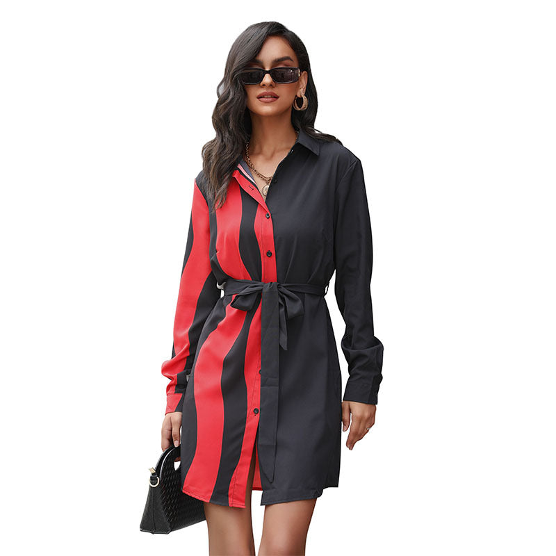 Color-Block A-Line Shirt Dress with Self-Tie Belt