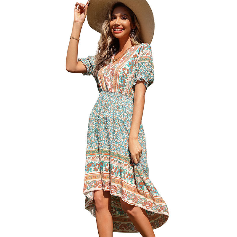 Boho Floral Print High-Low Dress with V-Neck and Raglan Sleeves