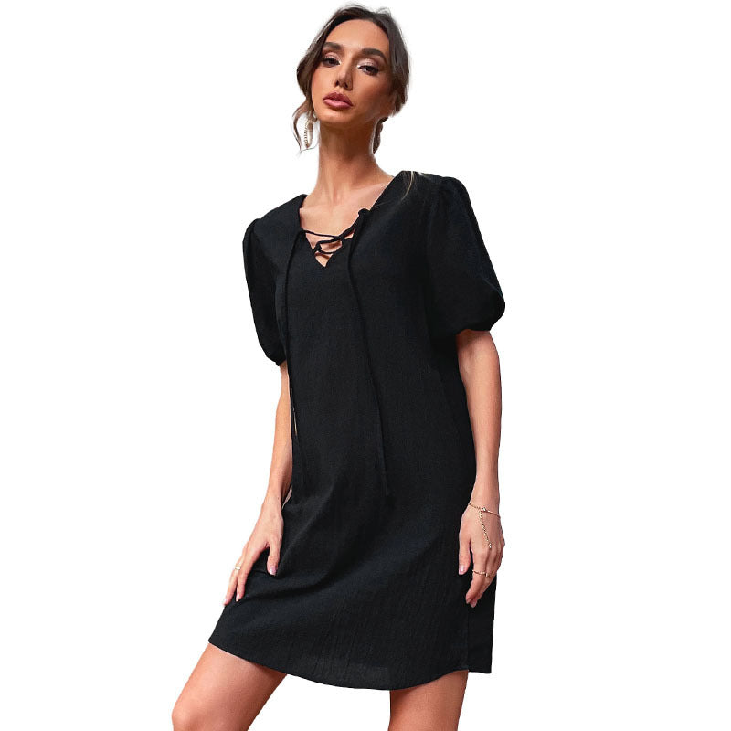 Solid A-Line Mini Dress with Tie-Up V-Neck and Puff Sleeves