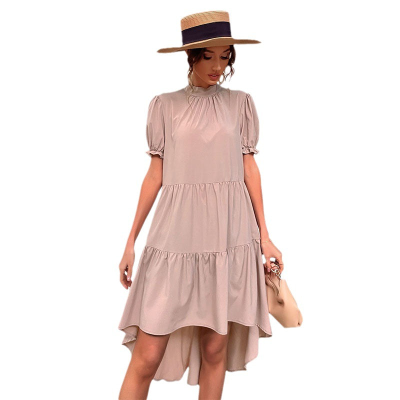 Tiered High-Low Dress with Mock Neck and Puff Sleeves
