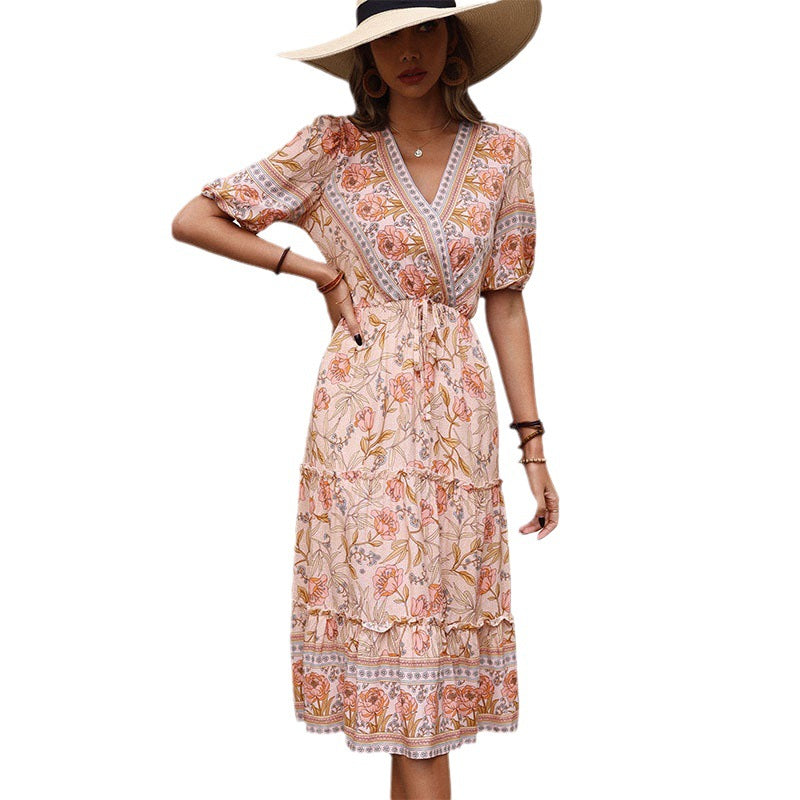 Floral A-Line Midi Dress with V-Neck and Tiered Ruffles