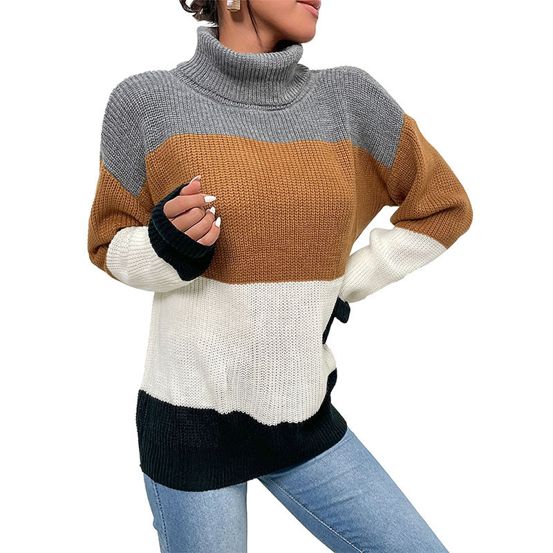 Loose Color-Blocked Turtleneck Sweater with Contrast Cuffs