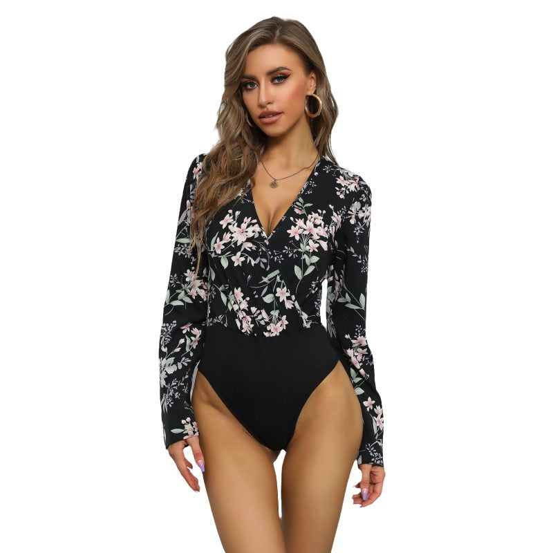 Floral Print V-Neck Romper with Faux Leather Mini Skirt