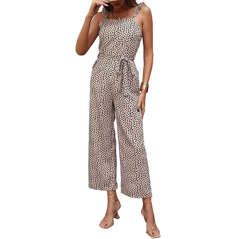 Dalmatian Print Cropped Jumpsuit with Ruffle Straps and Tie-Waist