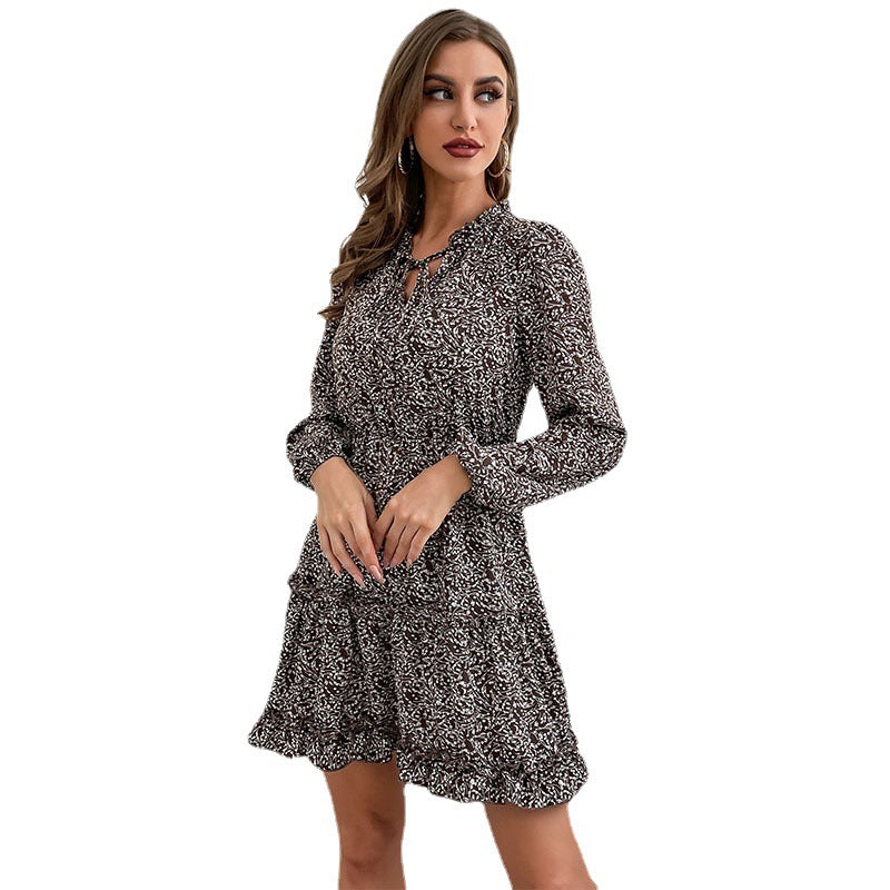 Printed A-Line Mini Dress with V-Neck and Ruffled Hem