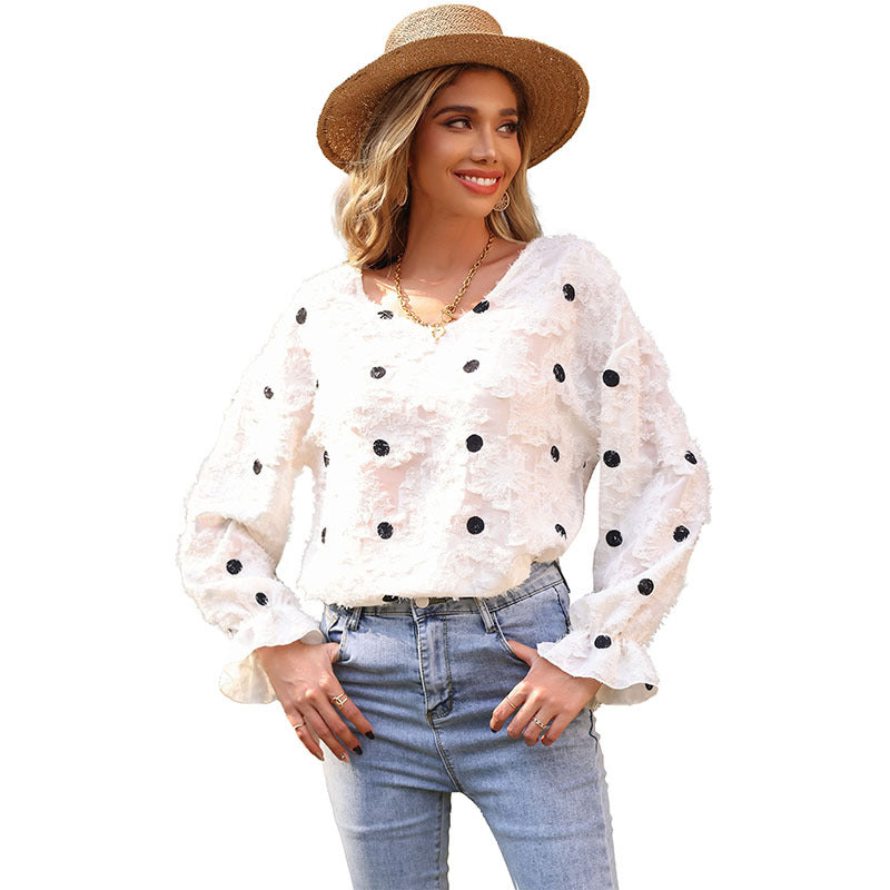 Polka Dot V-Neck Blouse with Textured Detail and Flounce Cuffs