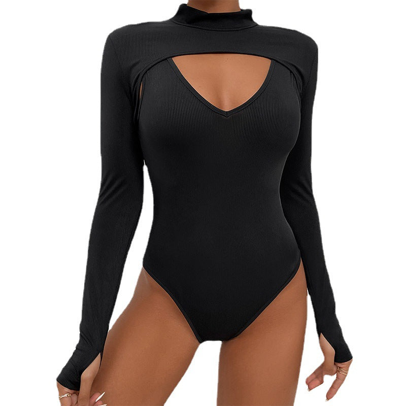 Ribbed Long-Sleeve Bodysuit with Mock Neck and Chest Cutout