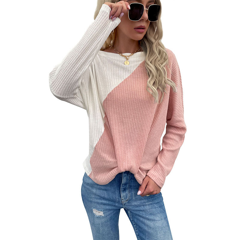 Color-Blocked Ribbed Knit Top with Off-Shoulder Neckline