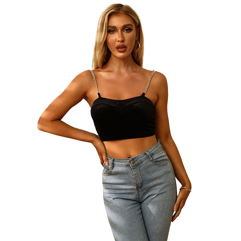 Slim Fit Velvet Crop Top with Chain Straps