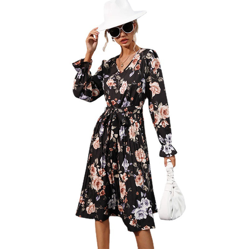 Floral Print Pleated Midi Dress with V-Neck and Ruffle Cuffs