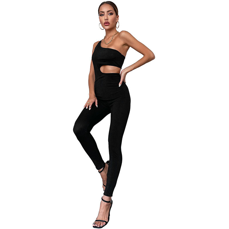 Bodycon Jumpsuit with One-Shoulder and Side Cutout