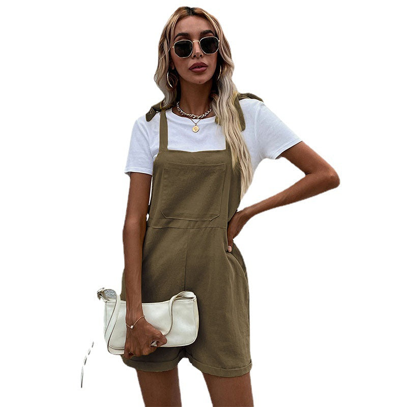 Loose Cotton-Linen Bib Short Overalls with Tie-Up Straps