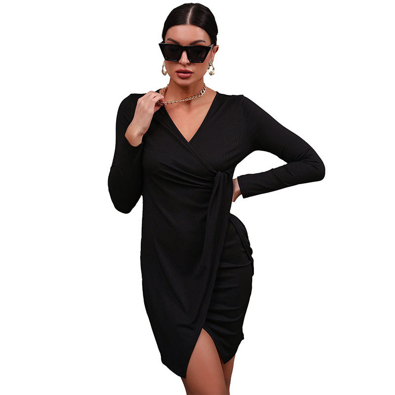 Ribbed Long Sleeve Bodycon Dress with Wrap Tie Front