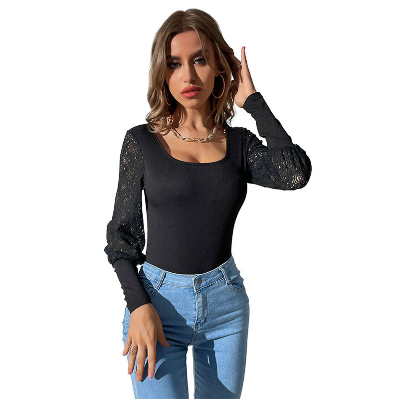 Bodycon Square Neck Bodysuit with Lace Puff Sleeves