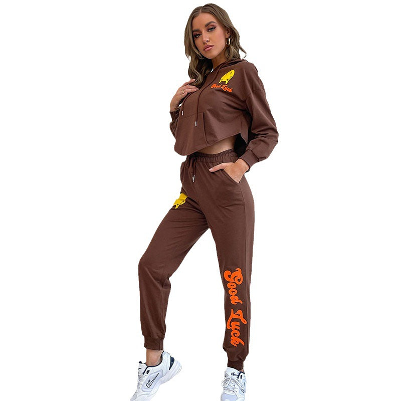 Graphic Print Two-Piece Jogger Set with Cropped Hoodie