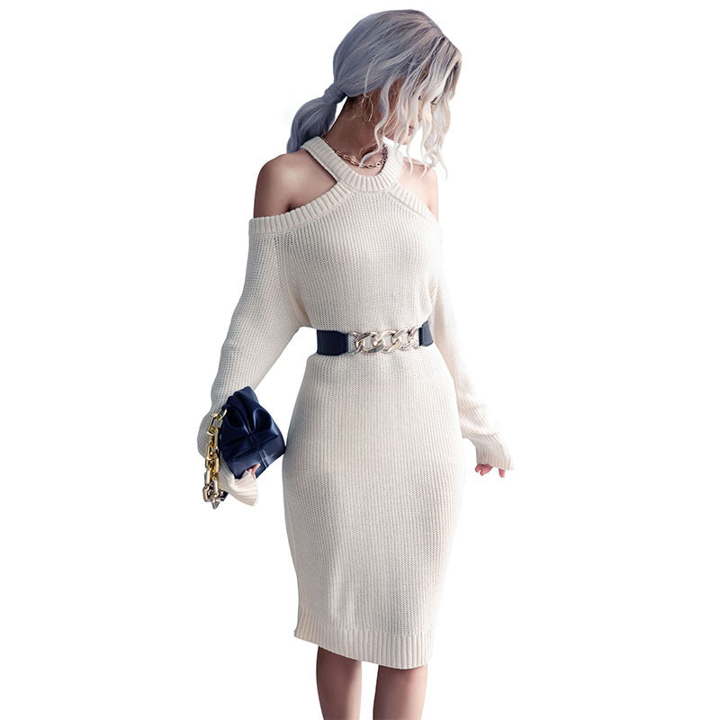 Bodycon Knit Sweater Dress with Halter Neck and Cold Shoulders