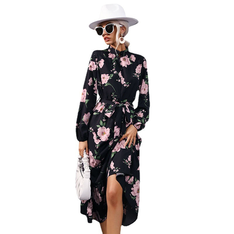 Floral Print A-Line Maxi Dress with Mock Neck and Flounce Hem