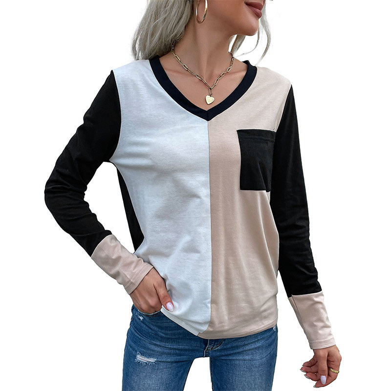 Color-Block Long-Sleeve T-Shirt with V-Neck and Pocket