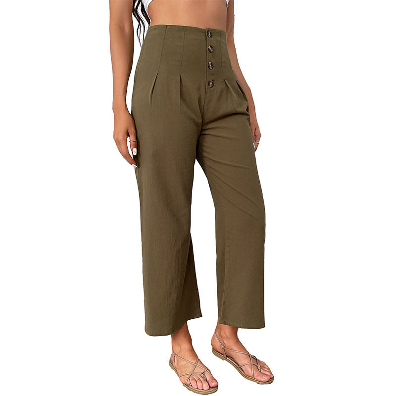 High-Waist Wide-Leg Cropped Pants with Button Front