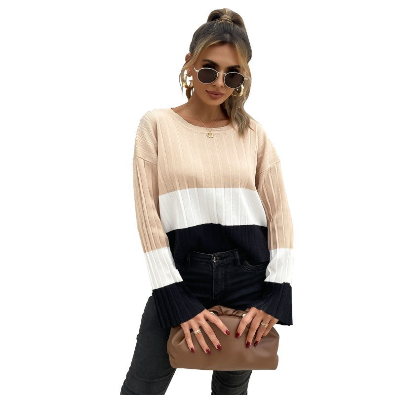 Color Block Sweater with Crewneck and Ribbed Knit