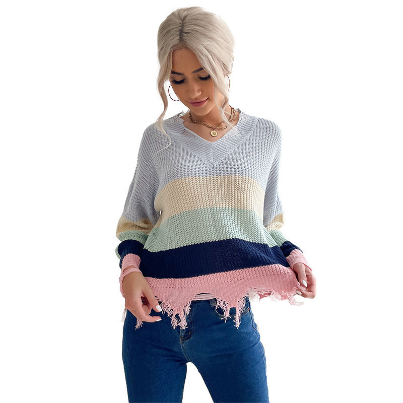 Color Block Knit Sweater with V-Neck and Distressed Hem
