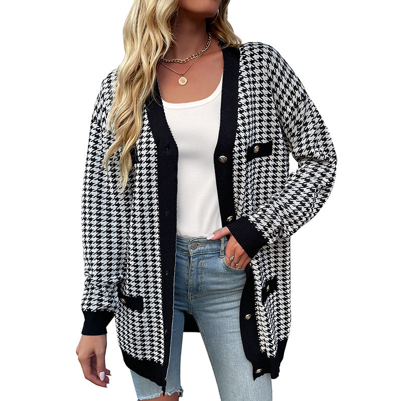 Houndstooth Loose Cardigan with Button Front