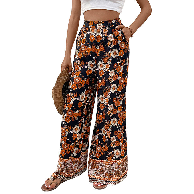 Floral Print Wide-Leg Trousers with High-Waist and Border Hem