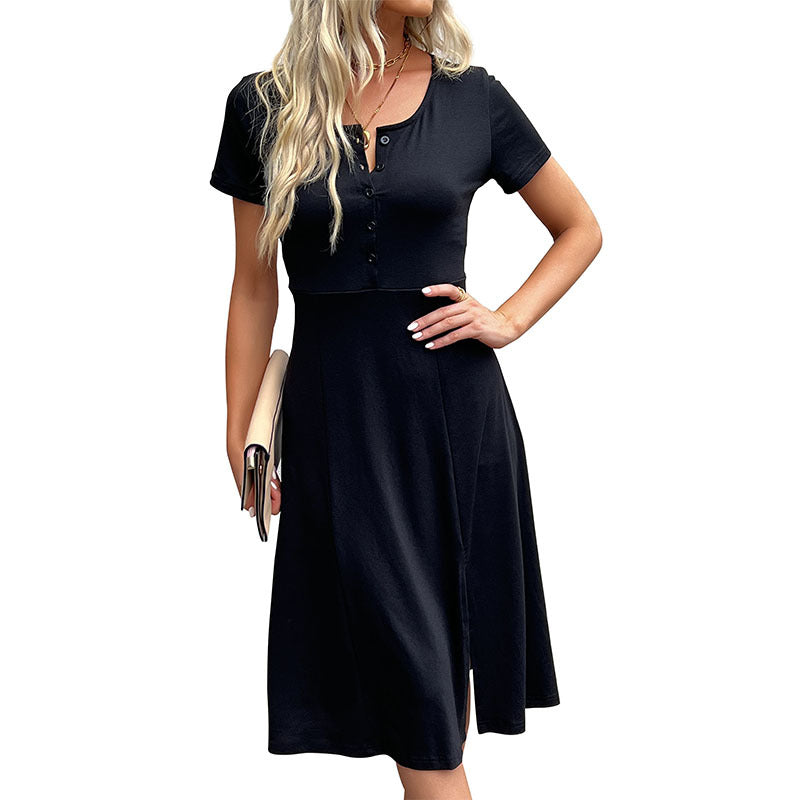 Solid T-Shirt Midi Dress with Henley Neck and Side Slit