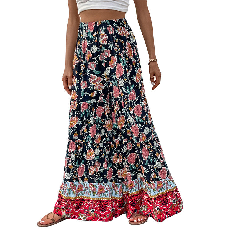 Boho Floral Wide-Leg Pants with High Waist